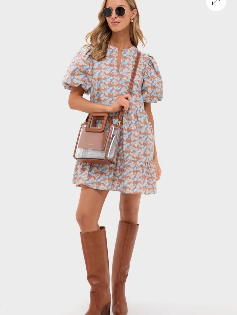 Hyacinth House Brown & Powder Blue Floral Zip Front Ellie Mini Dress Sz Small